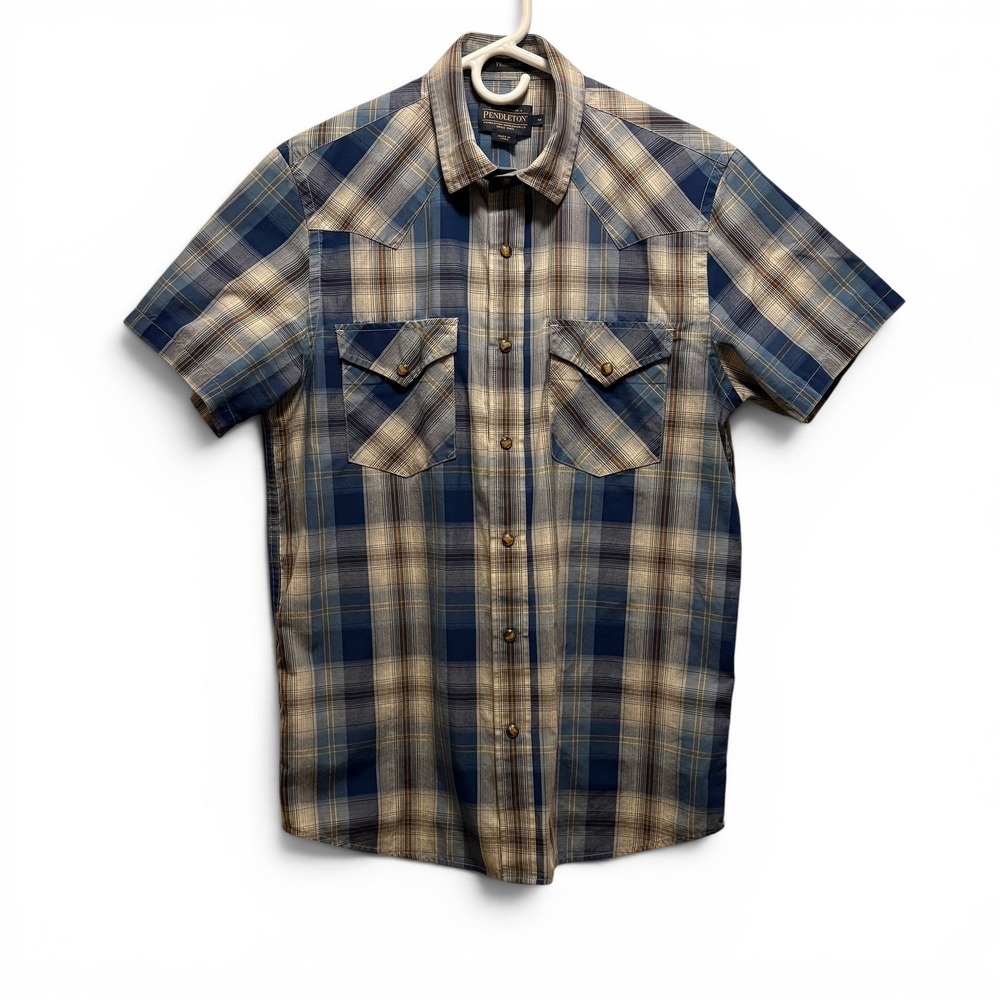 Pendleton Frontier Men's M Blue Plaid Short Sleeve Western Dark Pearl Snap Shirt